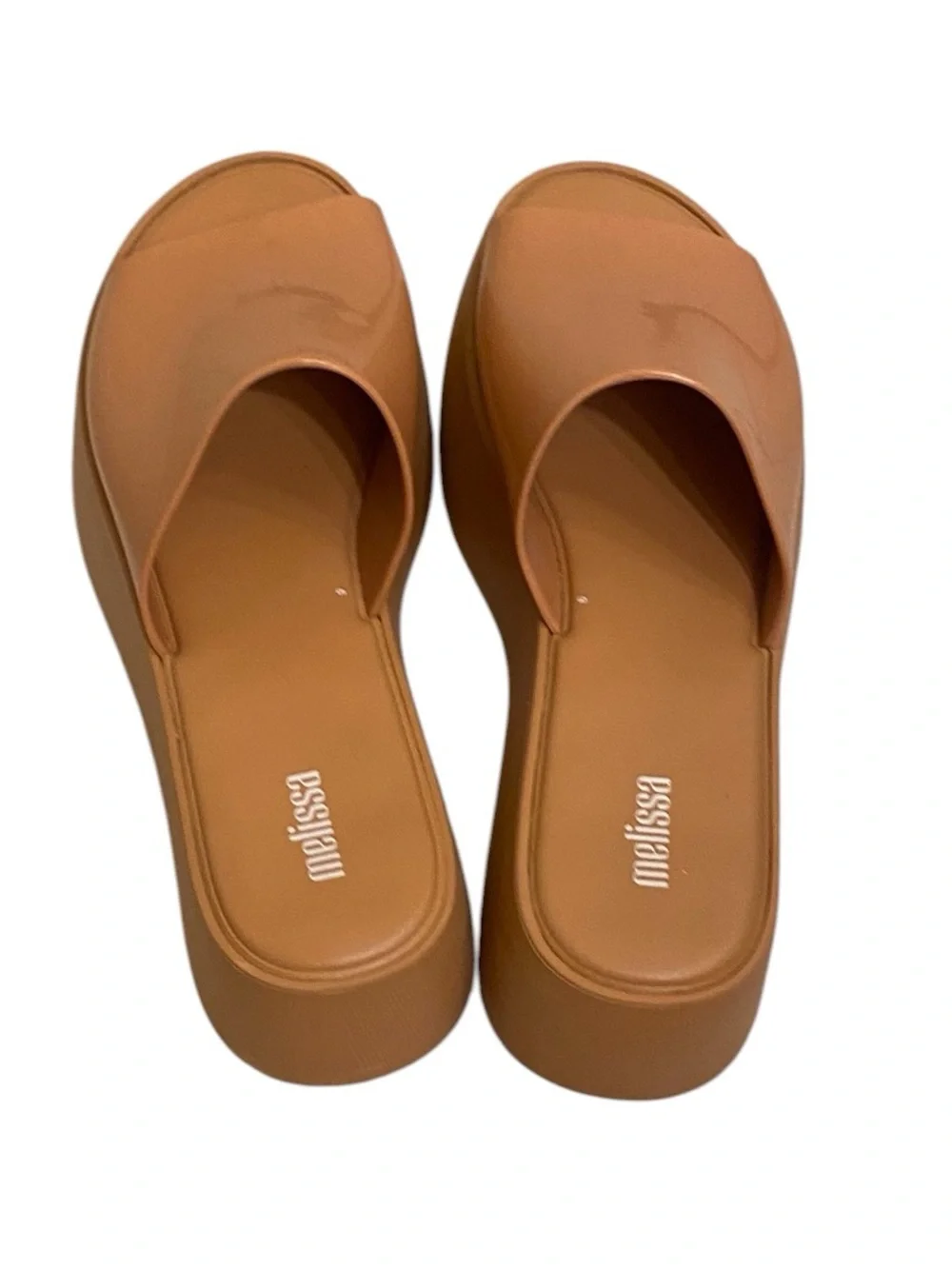 MELISSA WOMENS PLATFORM SLIDES IN CAMEL TAN SIZE 7 CHUNKY TRENDY EXPENSIVE